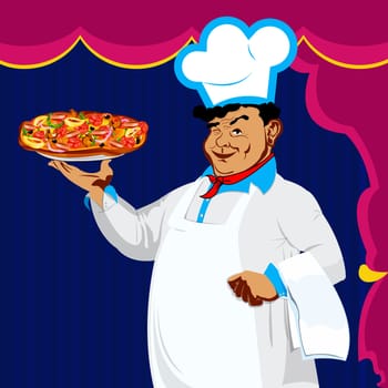 Happy joyful Chef and big traditional pizza