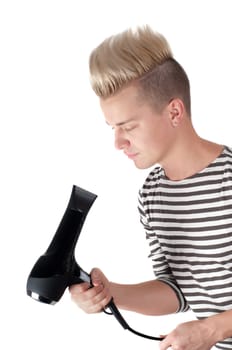 Portrait of handsome man with hairdryer in studio isolated on white