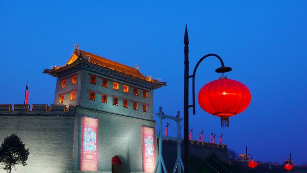 Ancient city wall of Xian China against blue sky