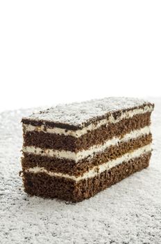 Delicious cake on grated coconut flakes.