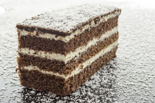 A piece of cake on grated coconut flakes.