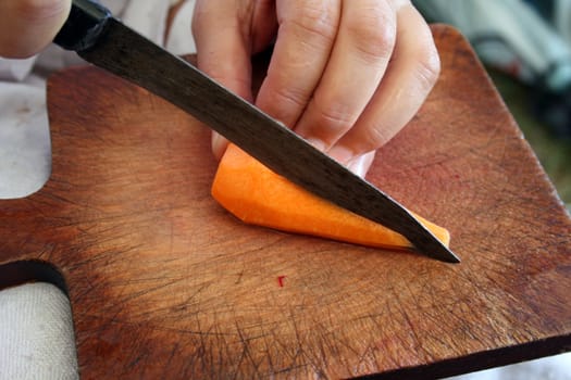 Carrots during preparation for cutting