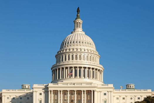 U.S. Capitol Dome Rear Face on Sunny Winter Day with Blue Sky and Copy Space