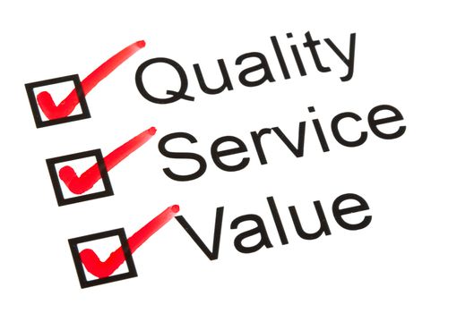 Questionnaire or survey with 'Quality', 'Service' and 'Value' ticked.