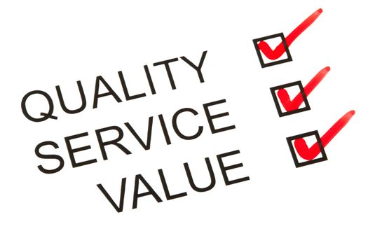 A checklist with ticks next to 'Quality', 'Service' and 'Value'.