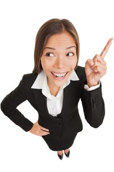 Business idea woman. Businesswoman thinking having eureka moment looking up to the side at copy space. Beautiful mixed race Asian Chinese / Caucasian woman smiling happy isolated in full body length on white background.