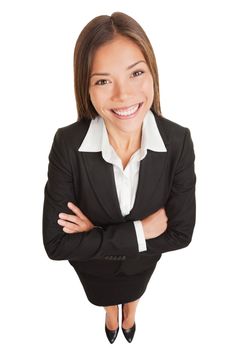 Business woman. Asian businesswoman portrait of smiling young professional in suit. High angle view of proud confident mixed race Asian Chinese / Caucasian isolated in full length on white background