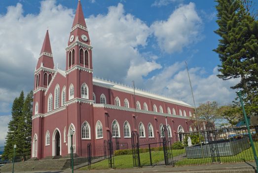 Metal catholic church that is located in Grecia Costa Rica.