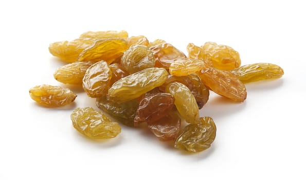 Isolated handful of golden raisins on the white background
