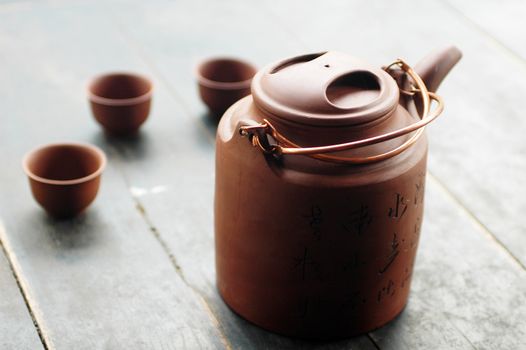 Traditional Chinese teaset on a wooden table