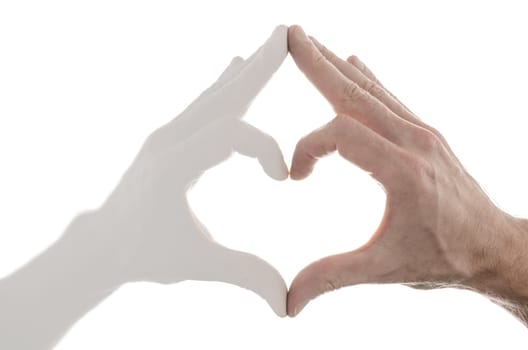 Making a heart shape with reflection of a hand. Isolated over white background.