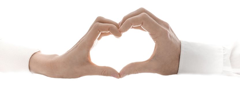 Woman and man making a heart shape. Isolated over white background.