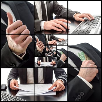 Business collage with cropped photos of businessman's hands.