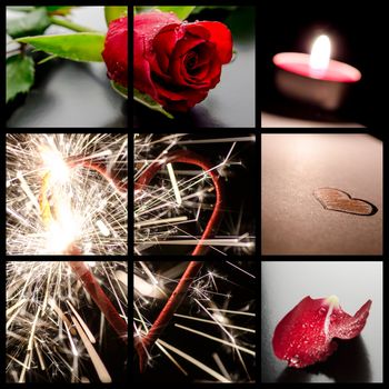 Love concept collage with images of a rose, candle, and a heart.