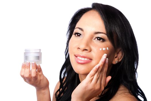 Facial skin Beauty treatment, beautiful face, skincare moisturizing exfoliating cream application, isolated.