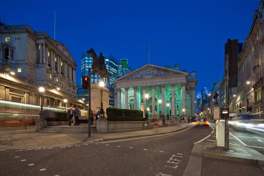 Night view of British financial heart, Bank of England and Royal Exchange. Photograph taken with the tilt-shift lens, vertical lines of architecture preserved