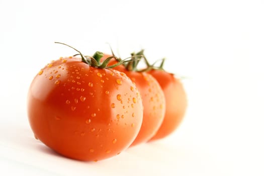 fresh tomatoes with green leaves on white background