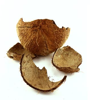 cracked coconut shell or hard cover on white.