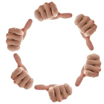 Hands in a circle with thumbs up sign. Isolated over white background.