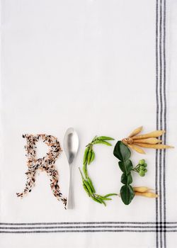 The word rice written with rice and herb