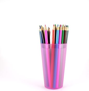 Color pencils in the pink prop over white