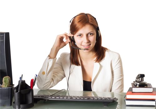 call center operator girl at office on a white background isolated
