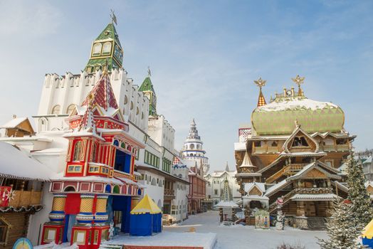  Moscow, Russia - January 2013. The reconstructed complex Izmailovskiy Kremlin is a sample of the Russian wooden architecture.