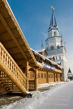 Moscow, Russia - January 2013. The reconstructed complex Izmailovskiy Kremlin is a sample of the Russian wooden architecture.