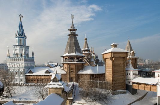 Moscow, Russia - January 2013. The reconstructed complex Izmailovskiy Kremlin is a sample of the Russian wooden architecture.