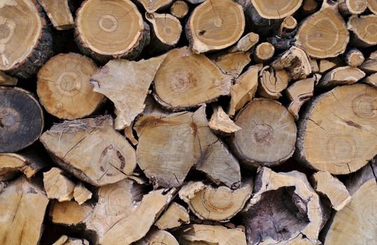 Background of Neatly Stacked Firewood Logs closeup outdoors