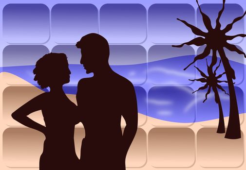Silhouette of a romantically posed couple on a palm beach