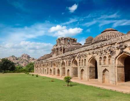 Ancient ruins of Elephant Stables, Royal Centre. Hampi, Karnataka, India. Stitched panorama