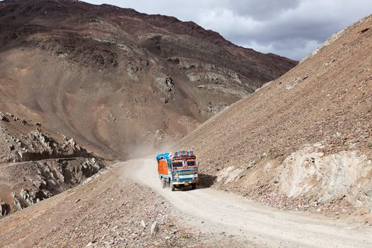 Manali-Leh Road in Indian Himalayas with lorry. Himachal Pradesh, India