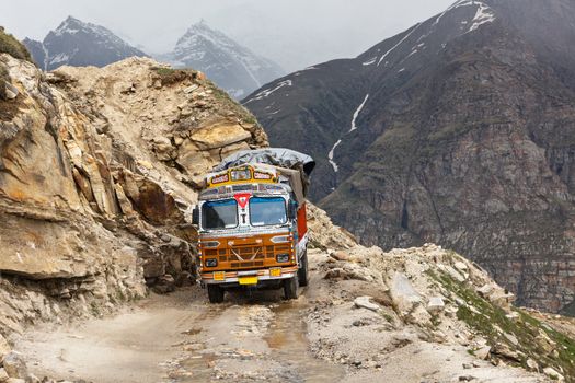 Manali-Leh road in Indian Himalayas with lorry. Himachal Pradesh, India