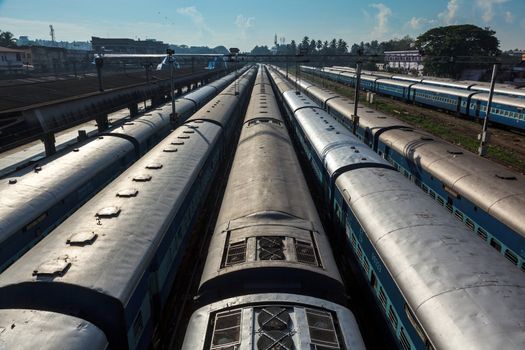 Trains at train station. Trivandrum, Kerala, India