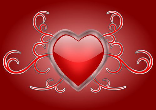 A shiny red heart with a transparent glass frame on silver and red gothic swirls background