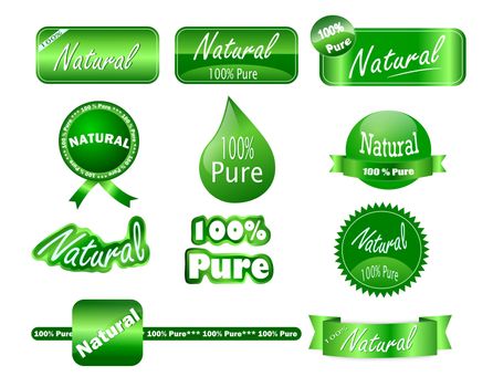 A collection of 100% pure and natural stickers that can be used on agricultural products packaging