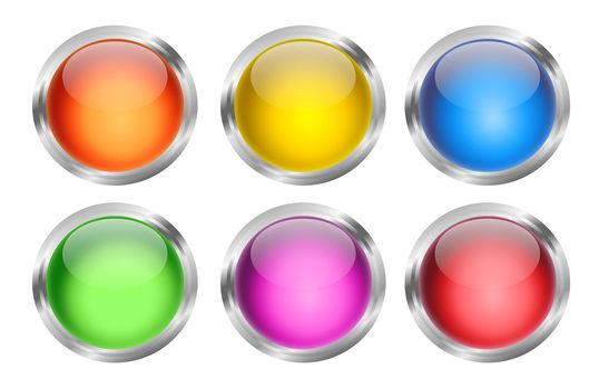 A set of six glowing and shiny round glass web buttons