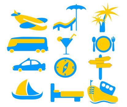 A set of holiday and travel icon graphics in orange and blue colors