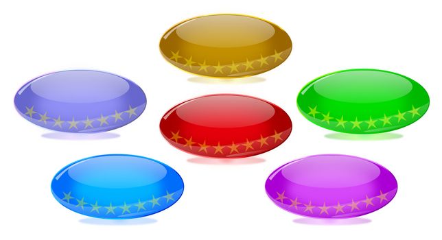 Set of oval shiny glass buttons in six colors with star inlays