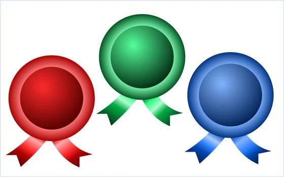 Three round badges with ribbons in blue, red and green color