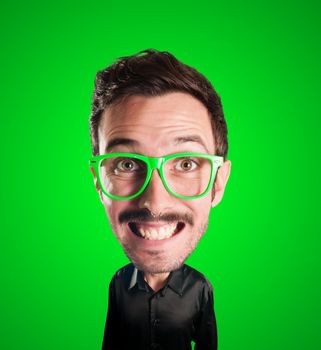 puppet man with big head on green background