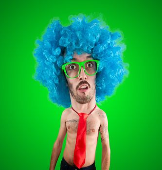 funny carnival puppet man with big head  on green background