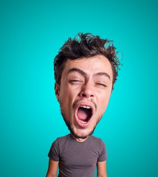 puppet yawning man with big head on blue background