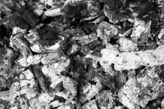Close up of a pile of grey ashes from the burned wood