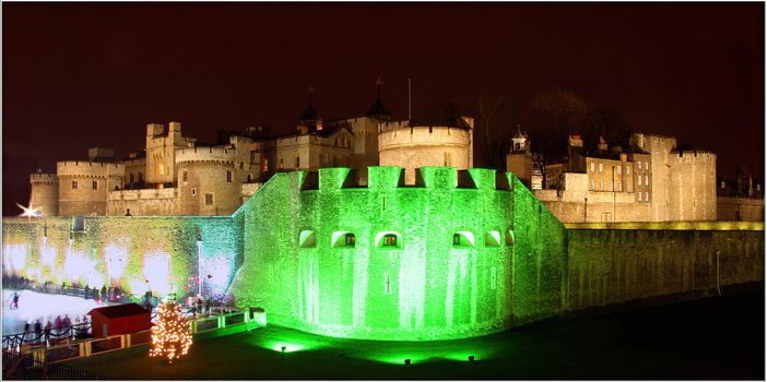 Front wall of the Tower of London at night