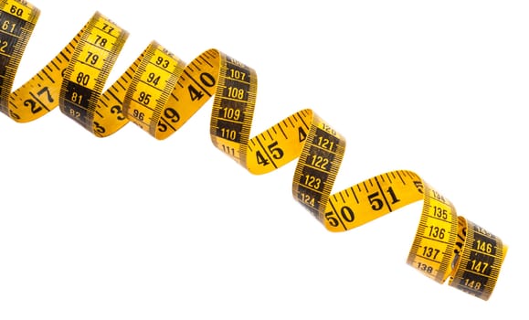 Yellow measuring tape on a white background