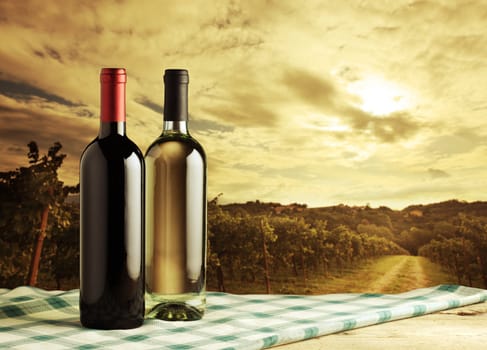 Wine bottles on vineyard background