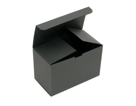 Open black empty paper box standing on white background