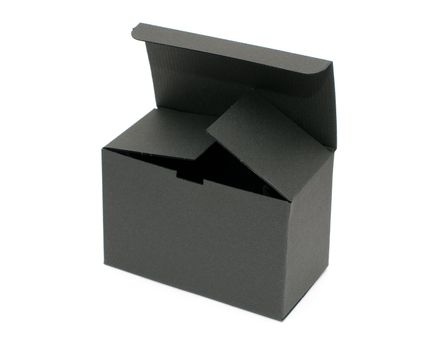 Open black empty paper box standing on white background